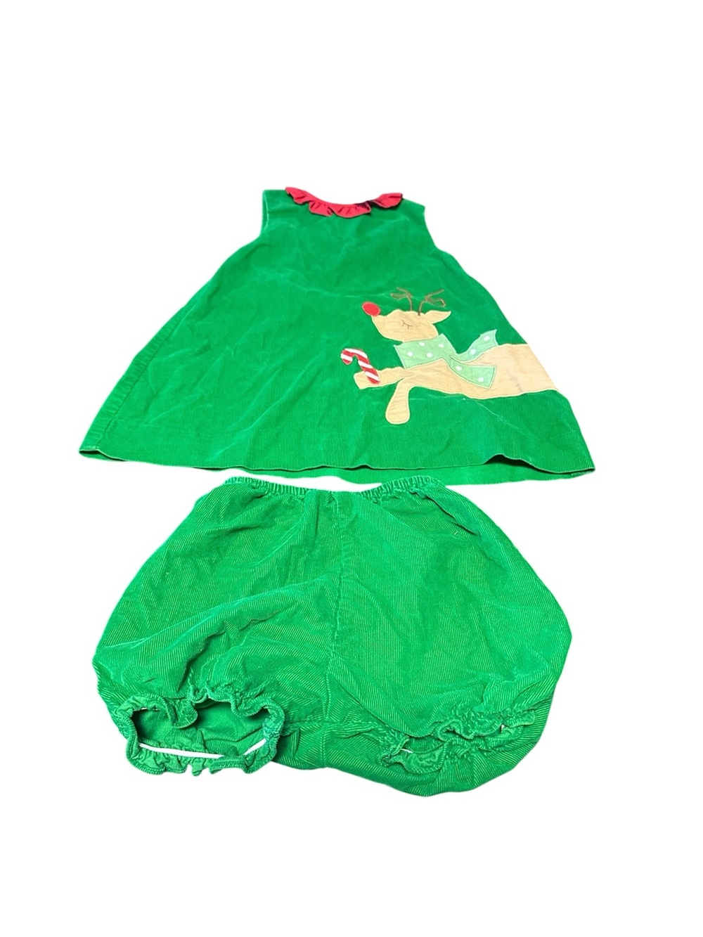 Green Holiday Reindeer Dress and Bloomers Set